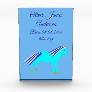 Cute Blue Baby Boy Unicorn Birth Announcement Acrylic Award