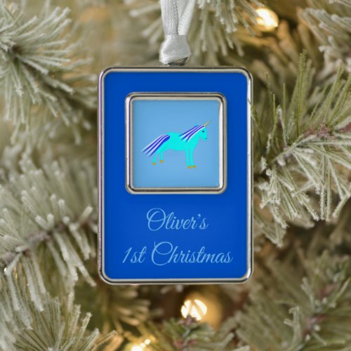 Cute Blue Baby Boy Unicorn Custom 1st Christmas Ornament
