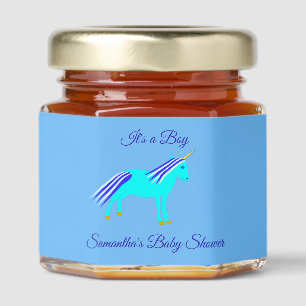 Cute Blue Baby Boy Unicorn Custom Baby Shower Honey Jar Favors