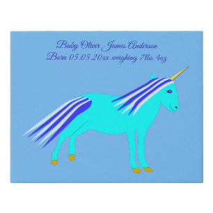 Cute Blue Baby Boy Unicorn Custom Birth Details Fa Faux Canvas Print
