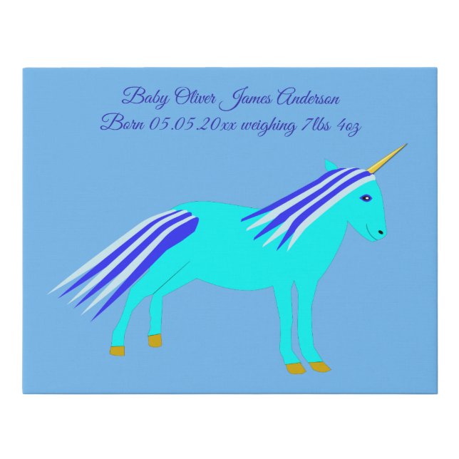 Cute Blue Baby Boy Unicorn Custom Birth Details Fa Faux Canvas Print (Front)