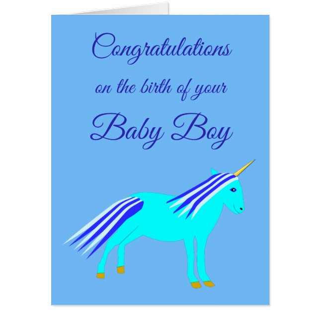 Cute Blue Baby Boy Unicorn Custom Congratulations  Card (Front)