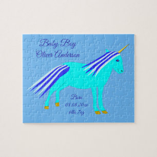 Cute Blue Baby Boy Unicorn Custom New Baby Jigsaw Puzzle