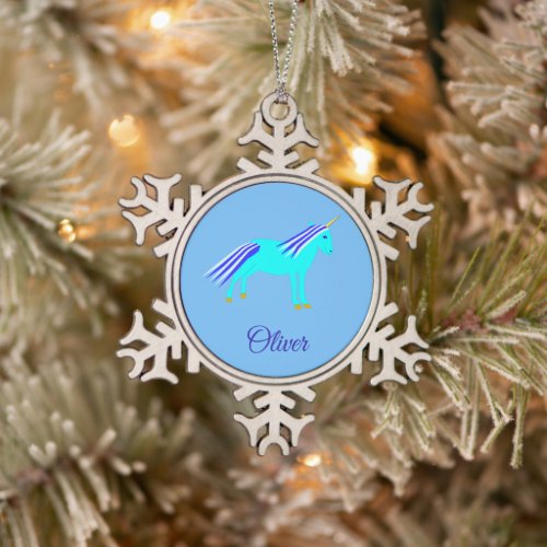 Cute Blue Baby Boy Unicorn Custom Snowflake Pewter Christmas Ornament
