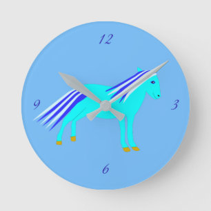 Cute Blue Baby Boy Unicorn Nursery Round Clock