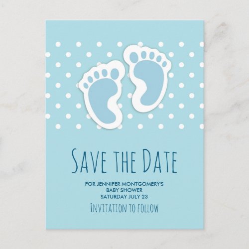 Cute Blue Baby Boys Feet Drawing Save the Date Postcard
