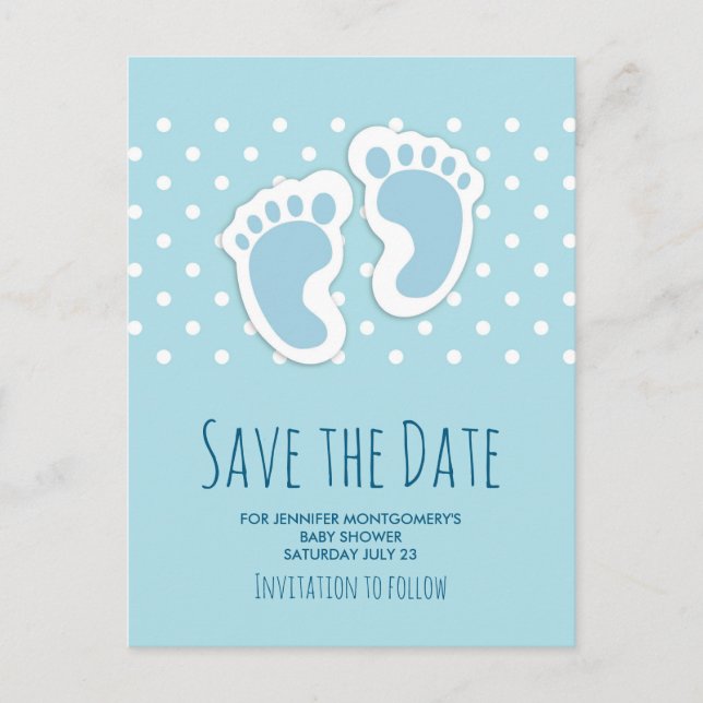 Cute Blue Baby Boy's Feet Drawing Save the Date Postcard (Front)