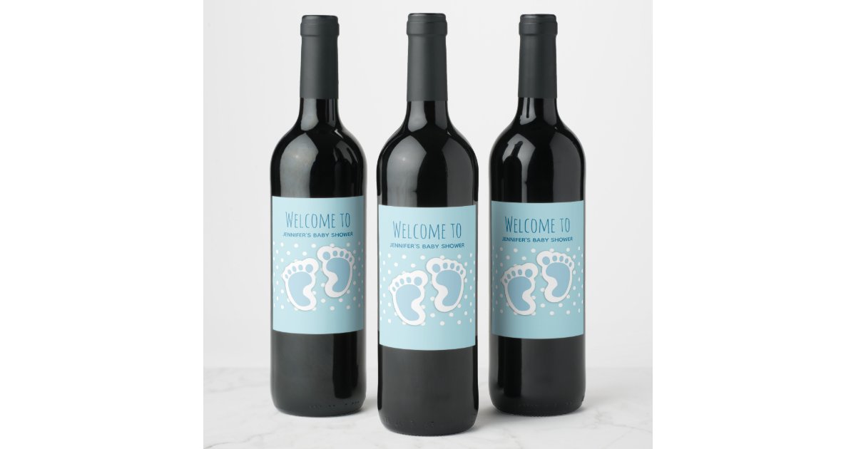 Cute Blue Baby Boy's Feet Illustration Baby Shower Wine Label | Zazzle