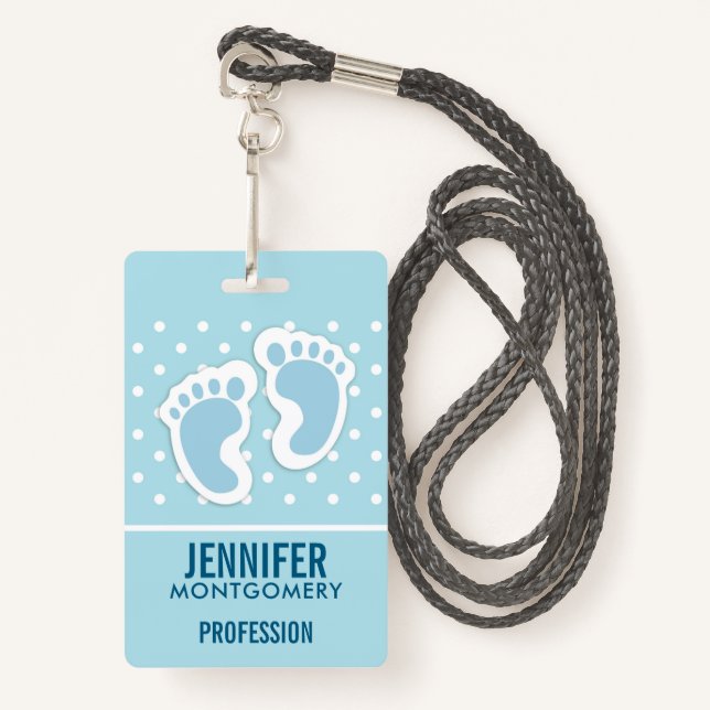 Cute Blue Baby Boy's Feet Illustration Badge (Front with Lanyard)