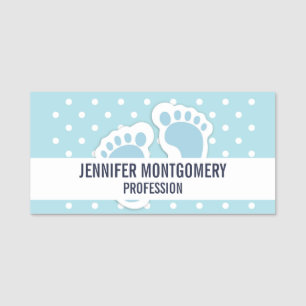 Cute Blue Baby Boy's Feet Illustration Name Tag