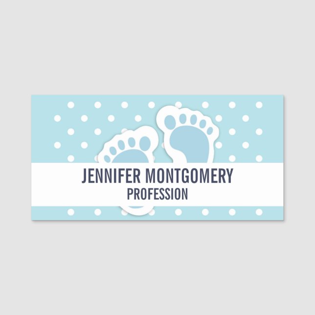 Cute Blue Baby Boy's Feet Illustration Name Tag (Front)