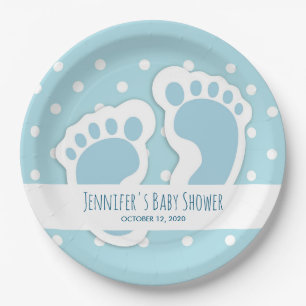 Cute Blue Baby Boy's Feet Illustration Paper Plates