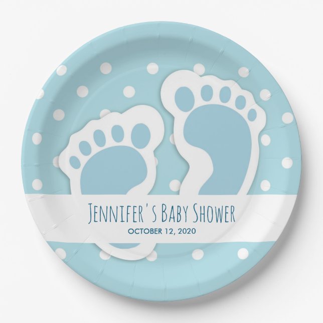 Cute Blue Baby Boy's Feet Illustration Paper Plates (Front)