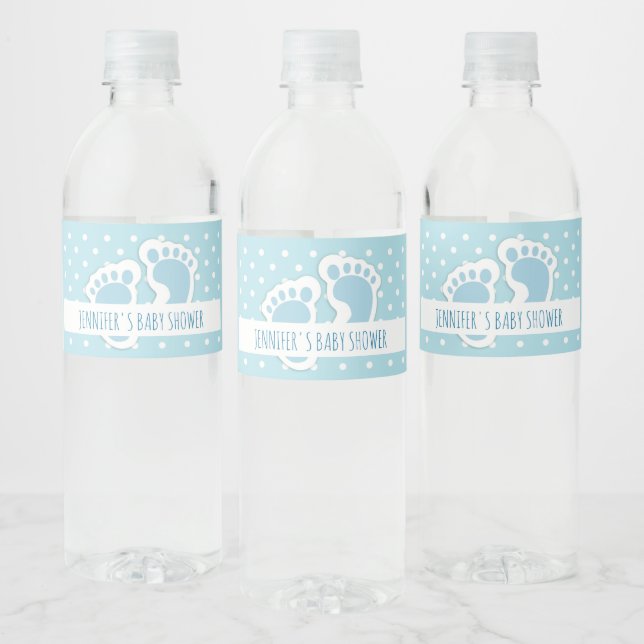 Cute Blue Baby Boy's Feet Illustration Shower Water Bottle Label (Bottles)