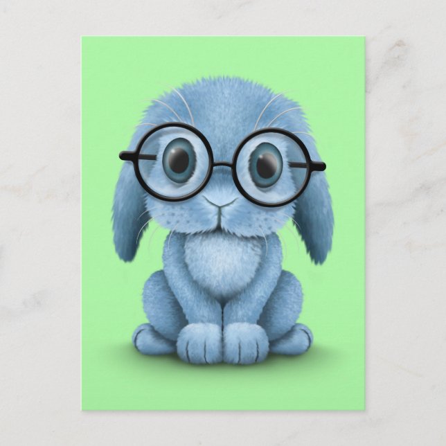 Cute Blue Baby Bunny Wearing Glasses on Green Postcard (Front)