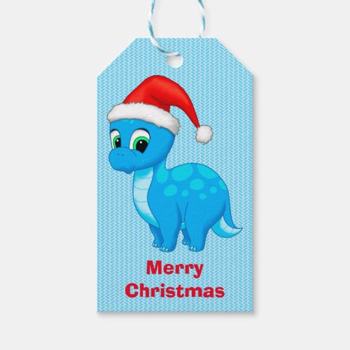 Cute Blue Baby Dinosaur in Santa Hat Gift Tags