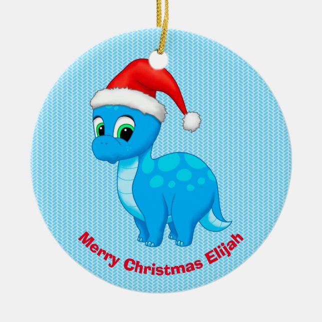 Cute Blue Baby Dinosaur with Santa Hat Ceramic Ornament (Front)