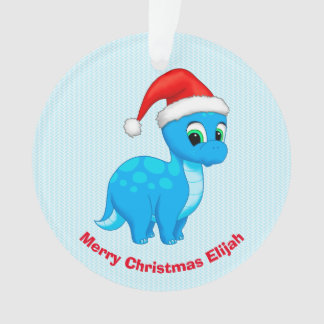 Cute Blue Baby Dinosaur with Santa Hat Ornament