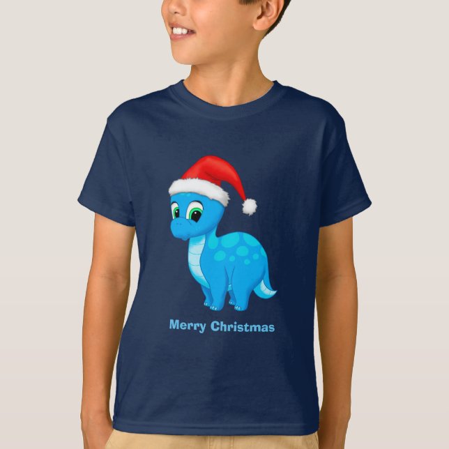Cute Blue Baby Dinosaur with Santa Hat T-Shirt (Front)