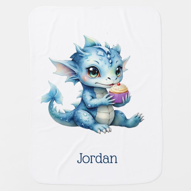 Cute Blue Baby Dragon Eating a Cupcake Blanket (Front)