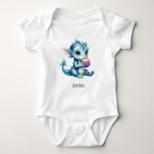 Cute Blue Baby Dragon Eating a Cupcake Bodysuit