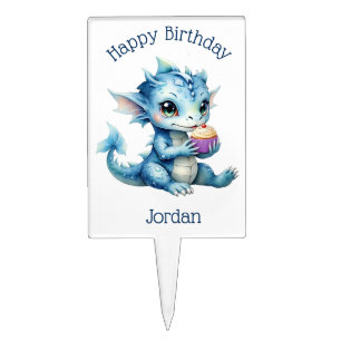 Cute Blue Baby Dragon Eating a Cupcake Cake Topper