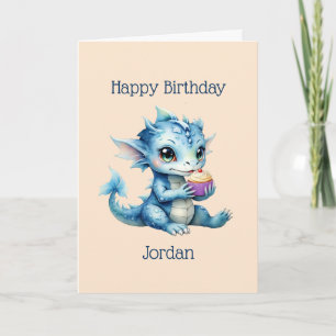 Cute Blue Baby Dragon Eating a Cupcake Card