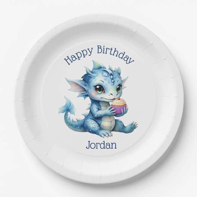 Cute Blue Baby Dragon Eating a Cupcake Paper Plates (Front)