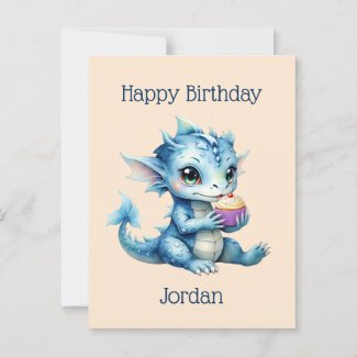 Cute Blue Baby Dragon Eating a Cupcake
