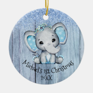 Cute Blue Baby Elephant 1st Christmas Ceramic Ornament