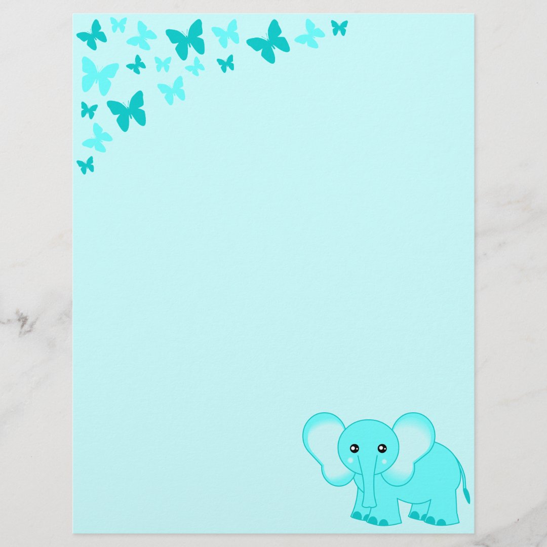 Cute Blue Baby Elephant And Butterflies Letterhead Zazzle
