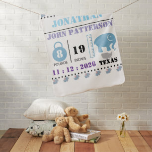 Cute Blue Baby Elephant Birth Announcement Baby Blanket