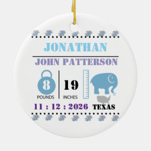 Cute Blue Baby Elephant Birth Announcement Ceramic Ornament