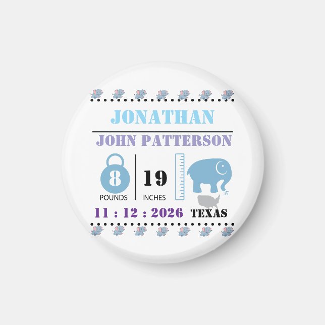 Cute Blue Baby Elephant Birth Announcement Magnet (Front)