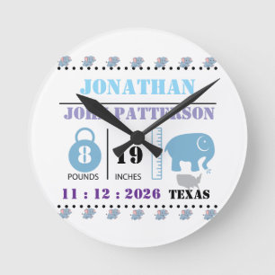 Cute Blue Baby Elephant Birth Announcement Round Clock