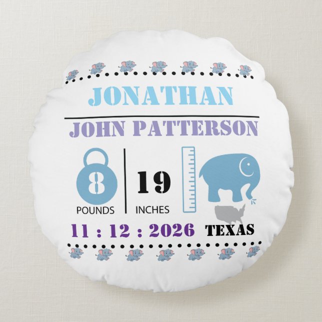 Cute Blue Baby Elephant Birth Announcement Round Pillow (Front)