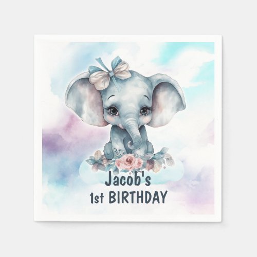 Cute Blue Baby Elephant Boy 1st Birthday Party Napkins