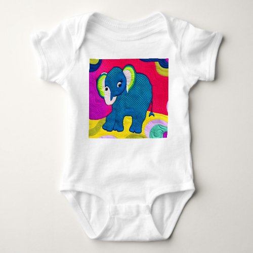 Cute Blue Baby Elephant _ Quilt Like Design Baby Bodysuit