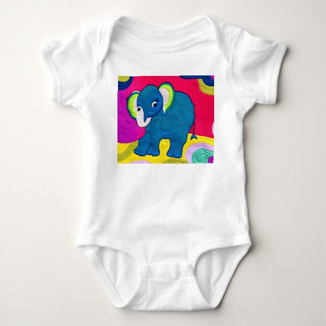 Cute Blue Baby Elephant - Quilt Like Design Baby Bodysuit (Front)