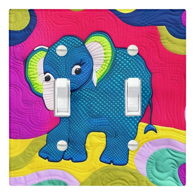 Cute Blue Baby Elephant - Quilt Like Design Light Switch Cover (In Situ)