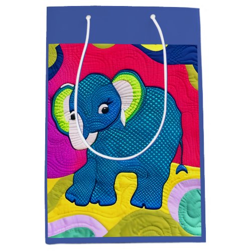 Cute Blue Baby Elephant _ Quilt Like Design Medium Gift Bag