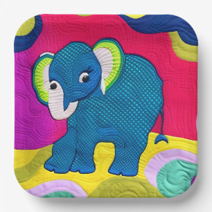 Cute Blue Baby Elephant - Quilt Like Design Paper Plates