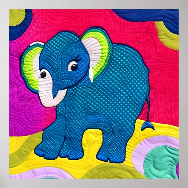 Cute Blue Baby Elephant - Quilt Like Design Poster (Front)