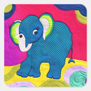 Cute Blue Baby Elephant - Quilt Like Design Square Sticker