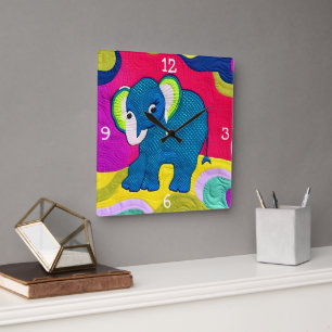 Cute Blue Baby Elephant - Quilt Like Design Square Wall Clock