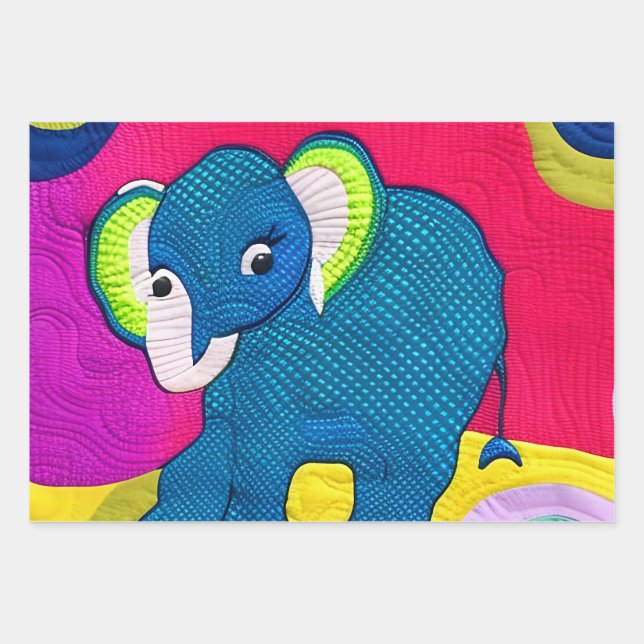 Cute Blue Baby Elephant - Quilt Like Design Wrapping Paper Sheets (Front)