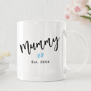 Cute Blue Baby Feet Script Mummy Year Established  Coffee Mug
