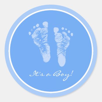 Cute Blue Baby Footprints Its A Boy Baby Shower Classic Round Sticker by PhotographyTKDesigns at Zazzle