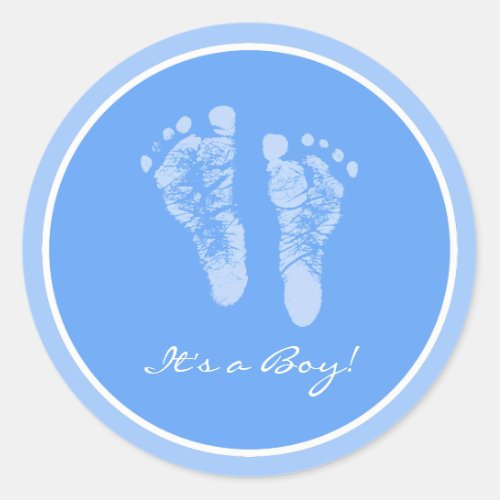 Cute Blue Baby Footprints Its a Boy Baby Shower Classic Round Sticker