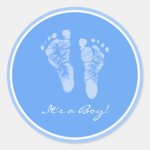 Cute Blue Baby Footprints Its a Boy Baby Shower Classic Round Sticker